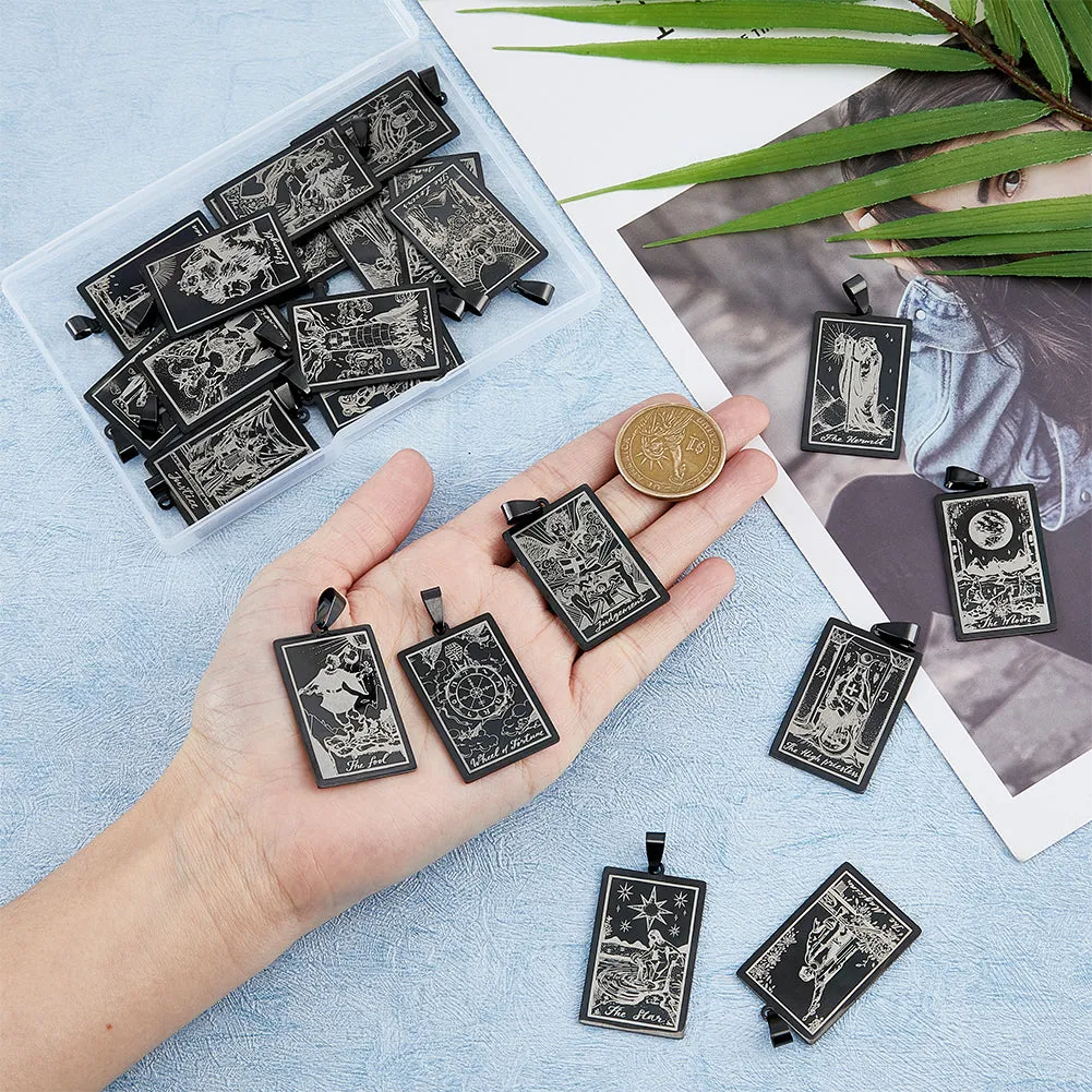 1 Set 201 Stainless Steel Pendants, Laser Engraved Pattern, Rectangle with Tarot Card Patterns, Gunmetal, 40x24x1mm, Hole: 8x4mm, 22pcs/set