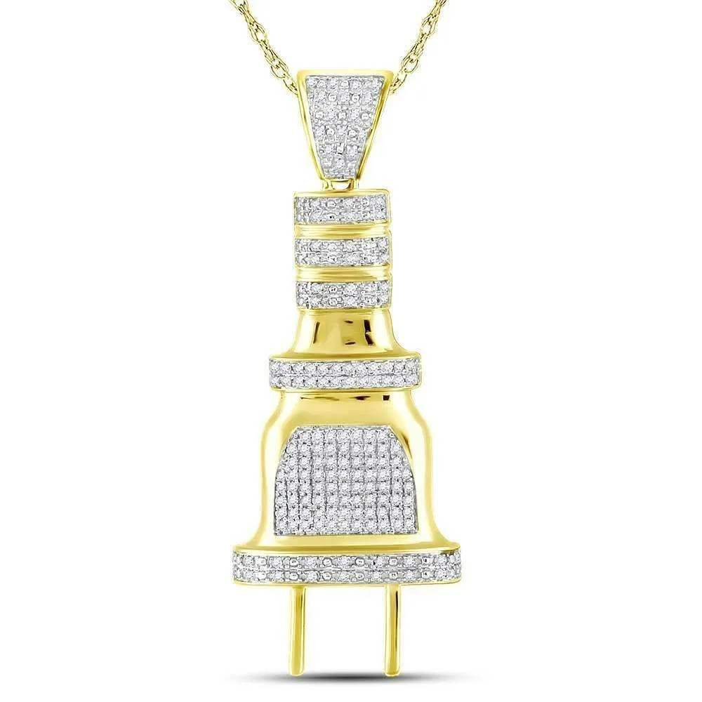 10kt Yellow Gold Mens Round Diamond Electric Plug Socket Charm Pendant 1-2 Cttw