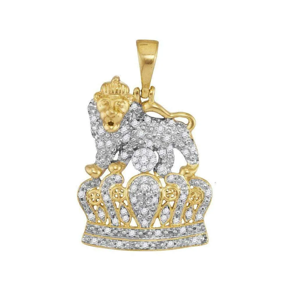10kt Yellow Gold Mens Round Diamond Lion Tiger Crown Charm Pendant 1-3 Cttw