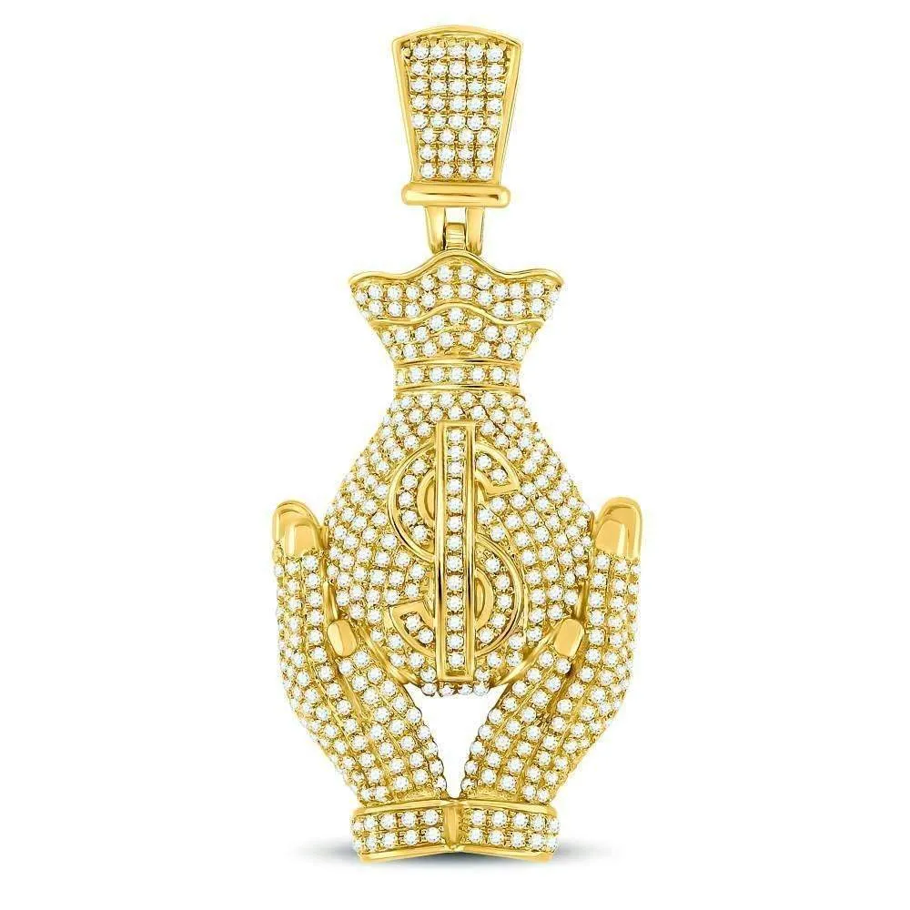 10kt Yellow Gold Mens Round Diamond Money Bag Hands Charm Pendant 2-1-6 Cttw