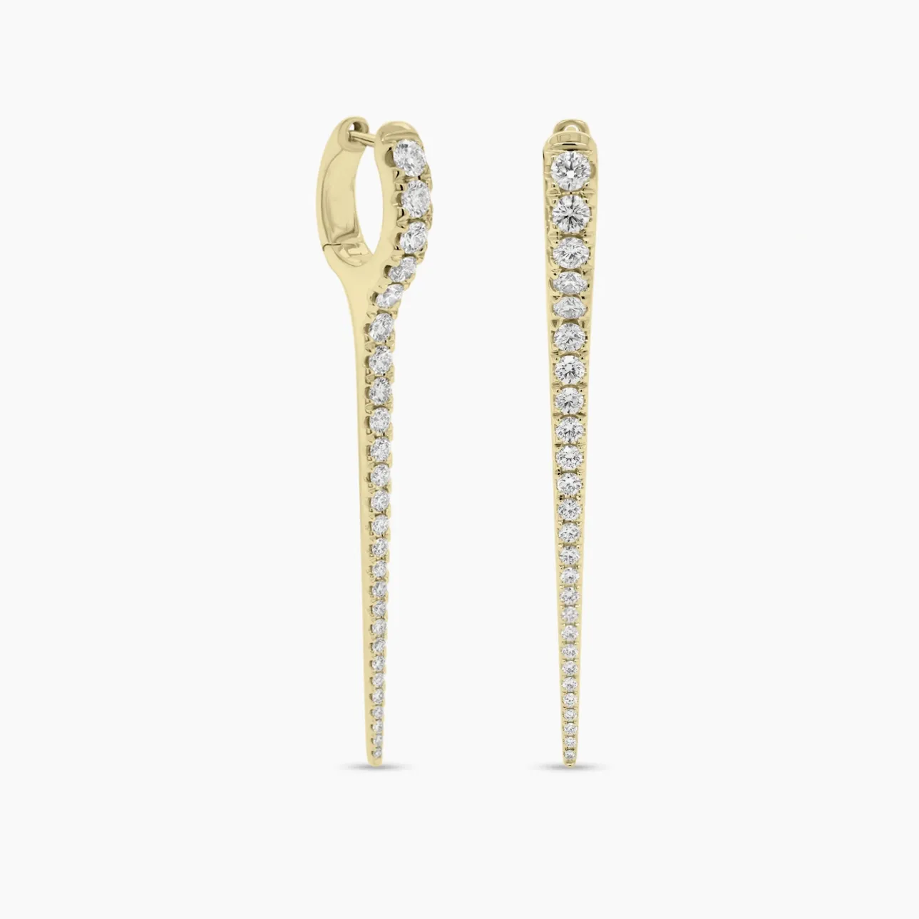 14K Gold and Diamond Dagger Hoops Earrings, Long, Single Row Diamonds