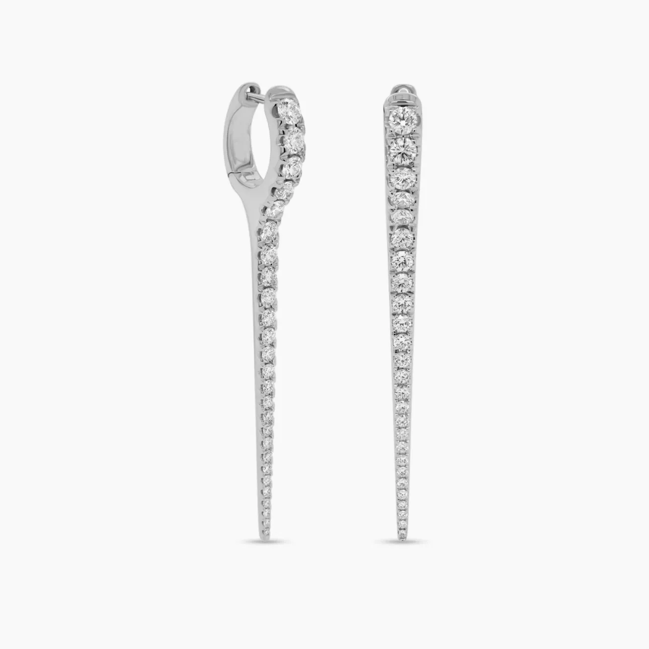 14K Gold and Diamond Dagger Hoops Earrings, Long, Single Row Diamonds