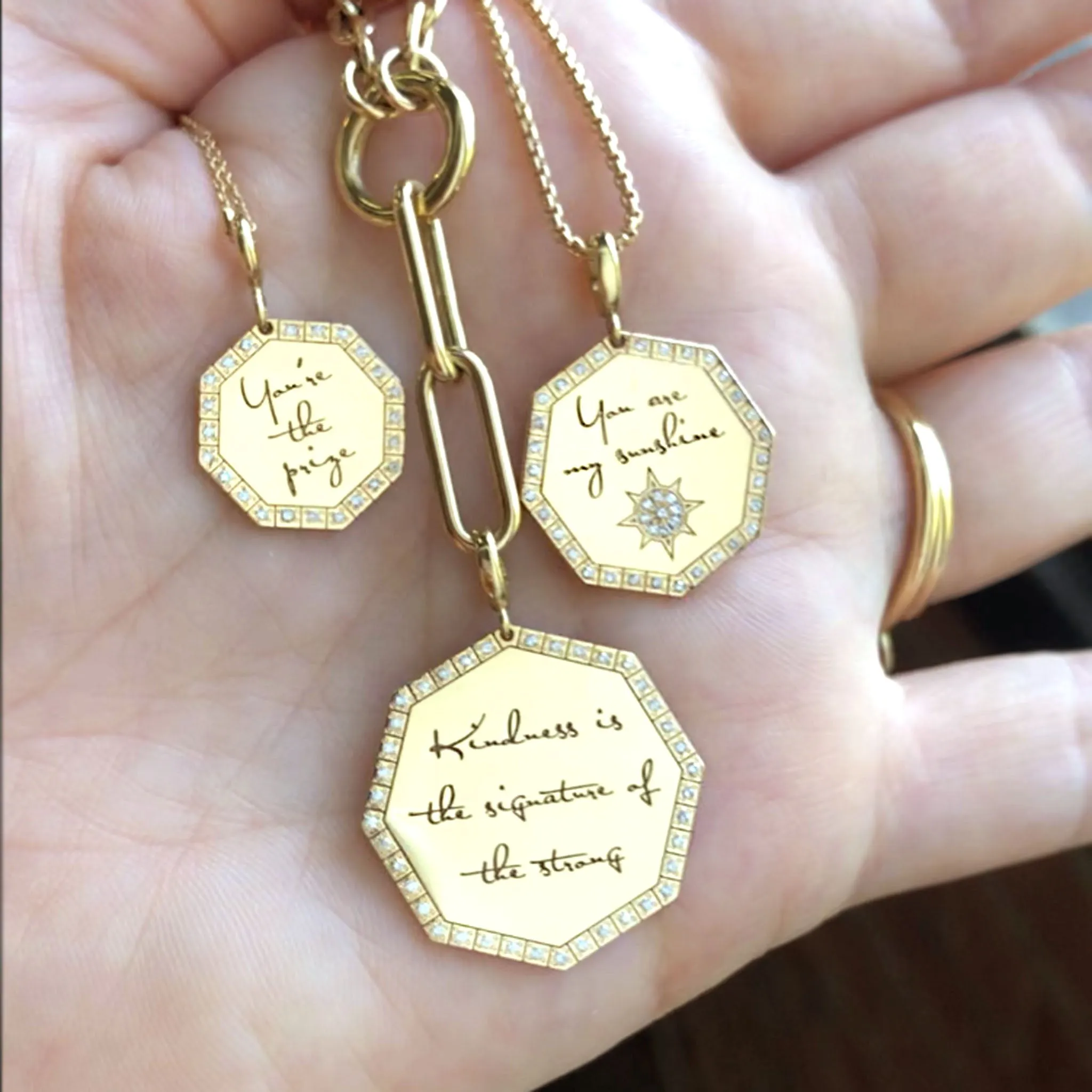 14k Single Medium "You are my sunshine" Octagon Mantra Charm Pendant
