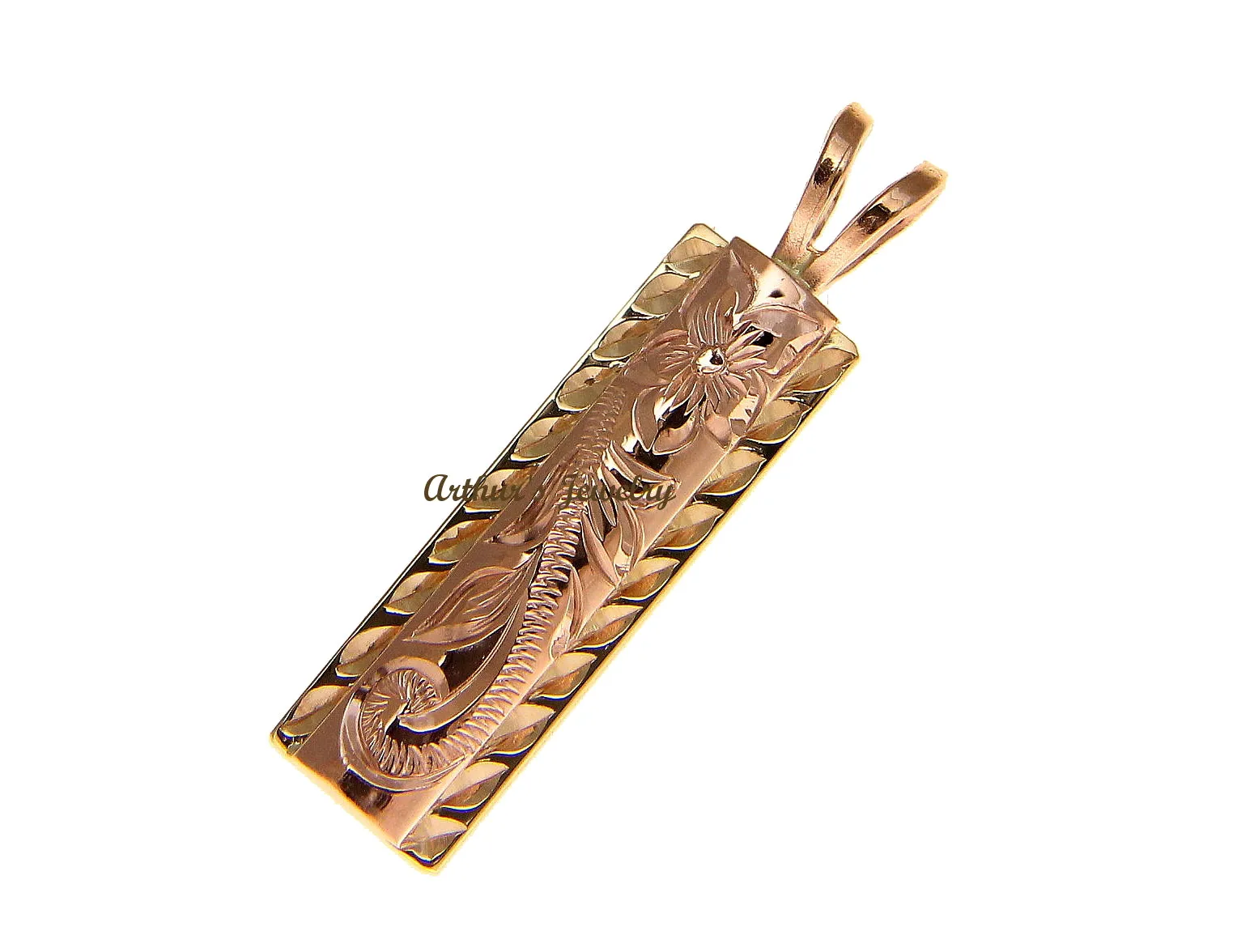 14K YELLOW ROSE GOLD HAND ENGRAVED HAWAIIAN PLUMERIA SCROLL 4MM/6MM PENDANT