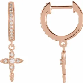 14KT Rose Gold Diamond Huggie Hoops Cross Charms Earrings