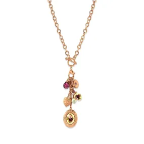 1928 Jewelry Manor House Pink Purple Rose Crystal Heart And Locket Charm Toggle Necklace 20"