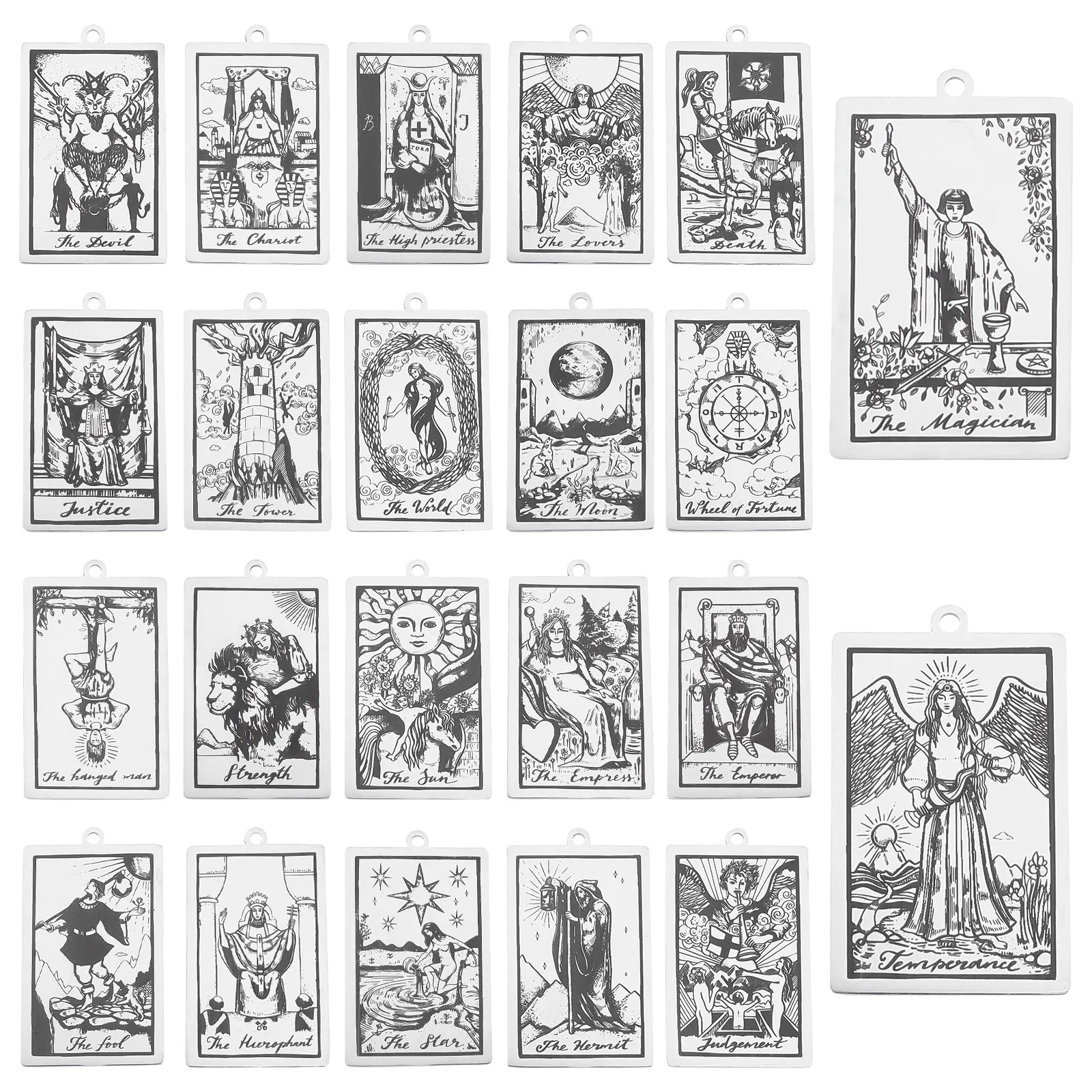 22Pcs 22 Style 201 Stainless Steel Pendants, Stainless Steel Color, Laser Engraved Pattern, Tarot Card Pendants, Stainless Steel Color, 40x24x1mm, Hole: 2mm, 1pc/style