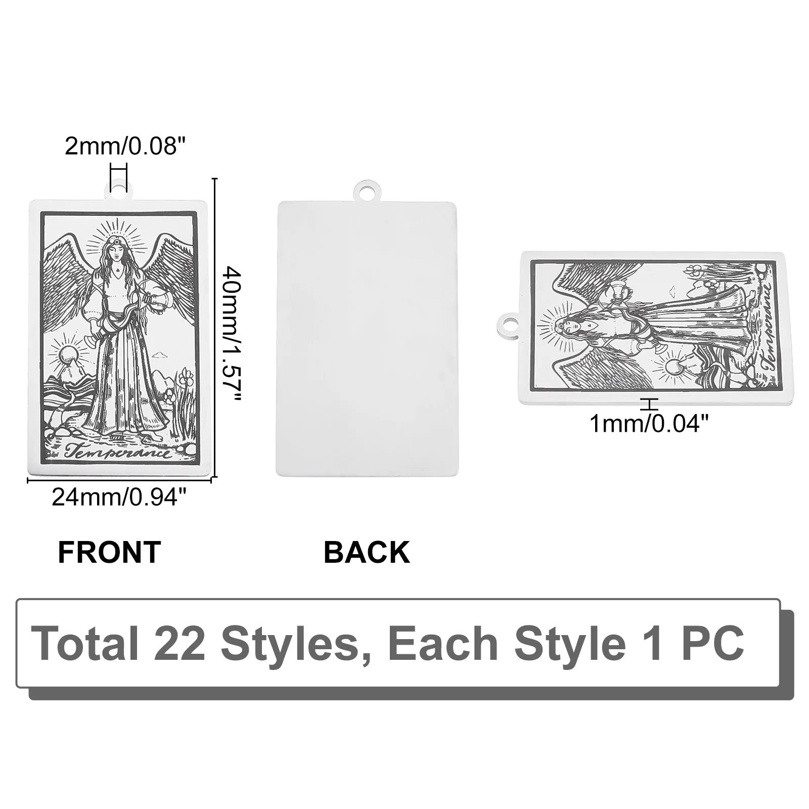 22Pcs 22 Style 201 Stainless Steel Pendants, Stainless Steel Color, Laser Engraved Pattern, Tarot Card Pendants, Stainless Steel Color, 40x24x1mm, Hole: 2mm, 1pc/style