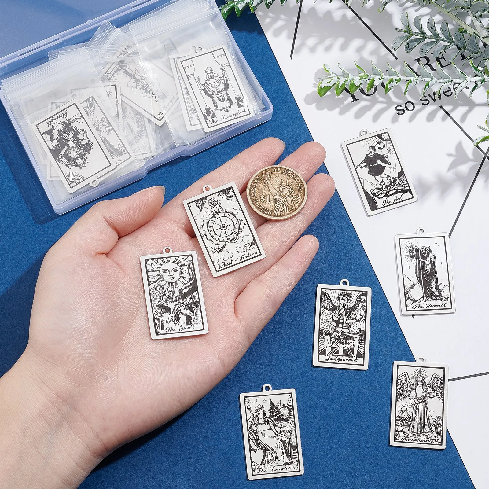 22Pcs 22 Style 201 Stainless Steel Pendants, Stainless Steel Color, Laser Engraved Pattern, Tarot Card Pendants, Stainless Steel Color, 40x24x1mm, Hole: 2mm, 1pc/style