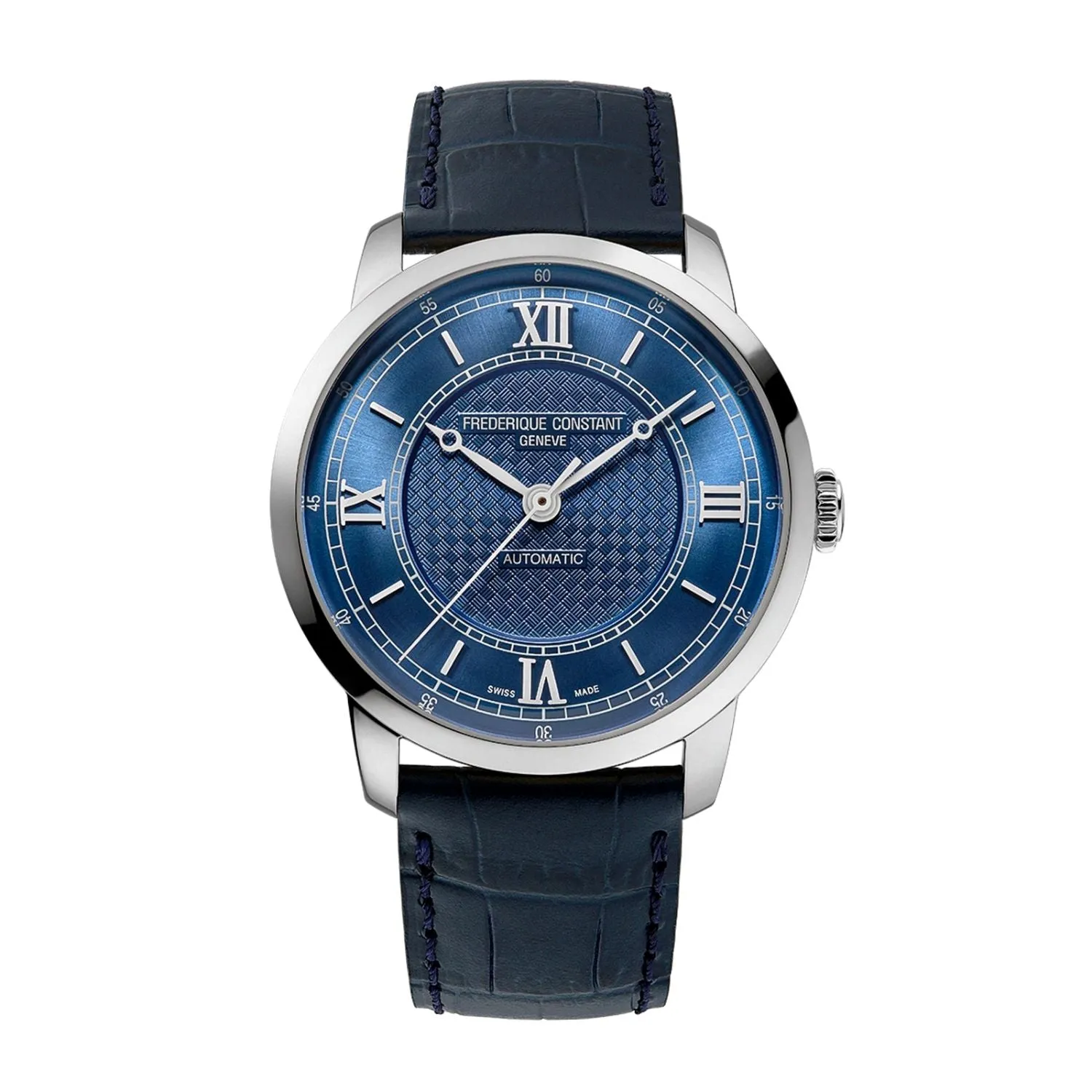 38.5MM FREDERIQUE CONSTANT CLASSICS PREMIERE AUTOMATIC WATCH WITH BLUE ROMAN DIAL AND LEATHER STRAP
