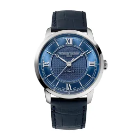 38.5MM FREDERIQUE CONSTANT CLASSICS PREMIERE AUTOMATIC WATCH WITH BLUE ROMAN DIAL AND LEATHER STRAP