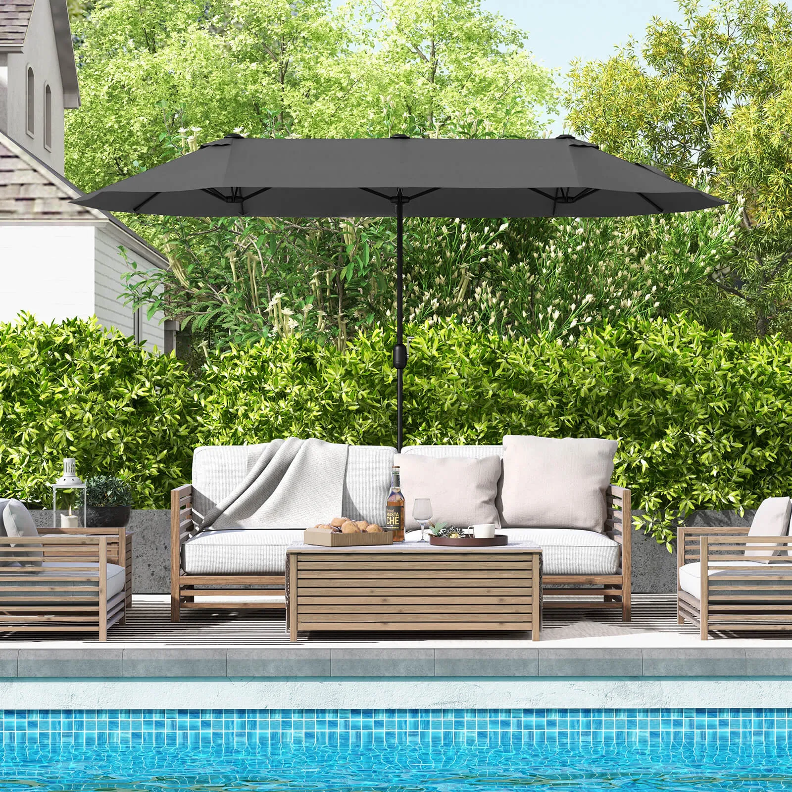 4m Double-sided Patio Umbrella with Crank Handle for Garden Pool Backyard-Grey