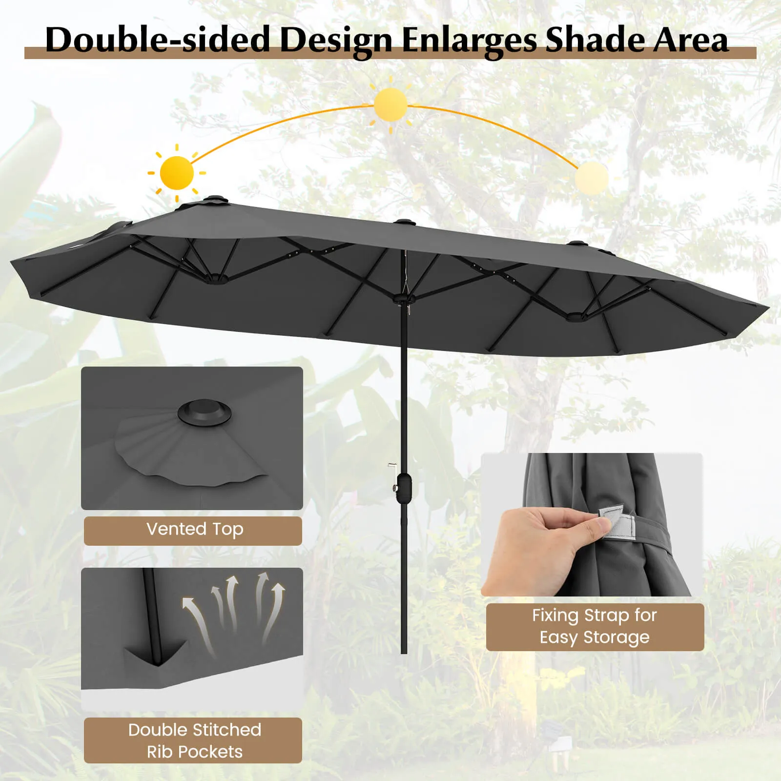 4m Double-sided Patio Umbrella with Crank Handle for Garden Pool Backyard-Grey