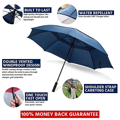 62 Inch Golf Umbrella (Blue, 1-Pack) Sun Umbrella Sports Umbrella Shade Golf Stuff Rain Umbrella Canopy Umbrella Large Wedding Umbrellas Blue Umbrella