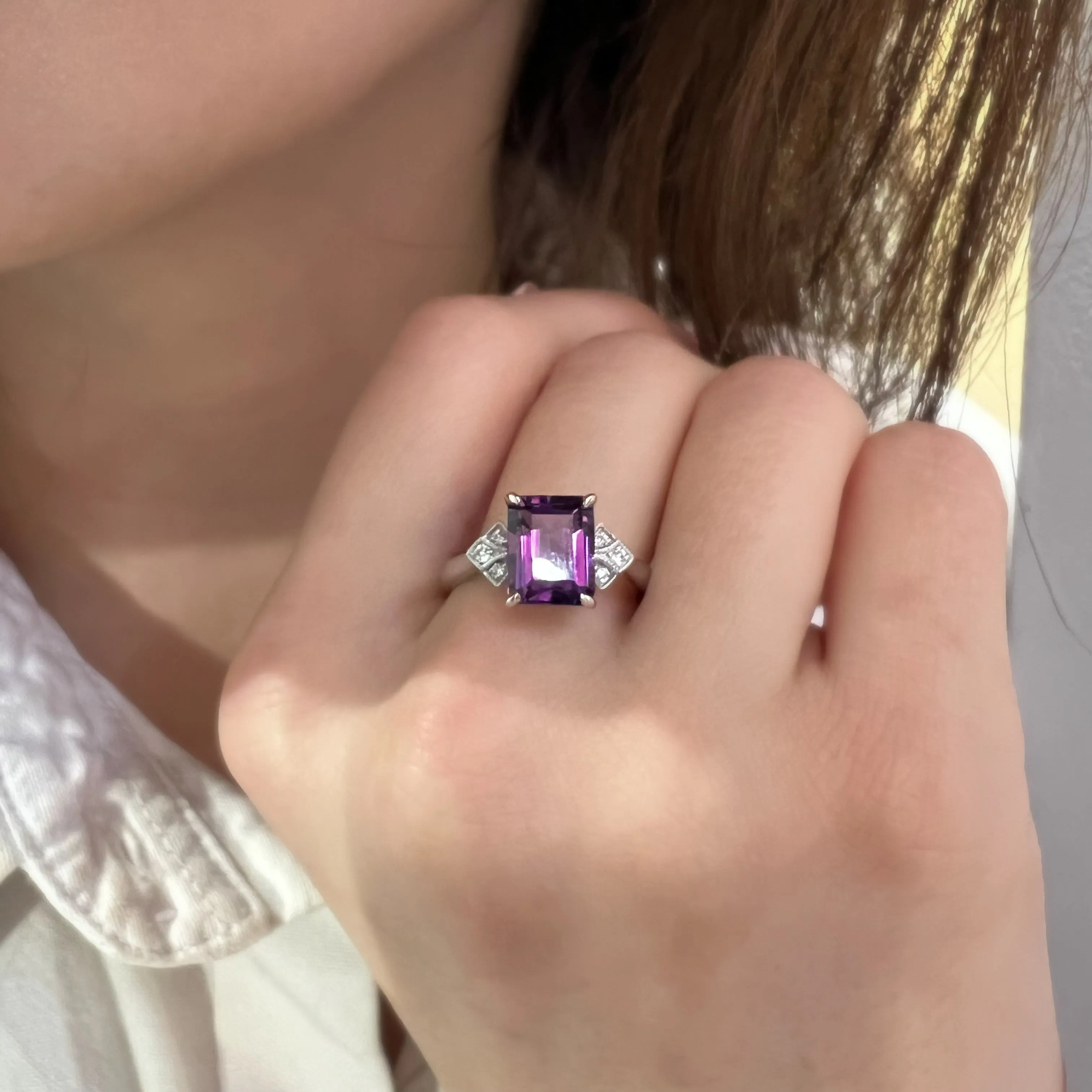 9ct White Gold 2.29ct Emerald Cut Amethyst and Diamond Dress Ring