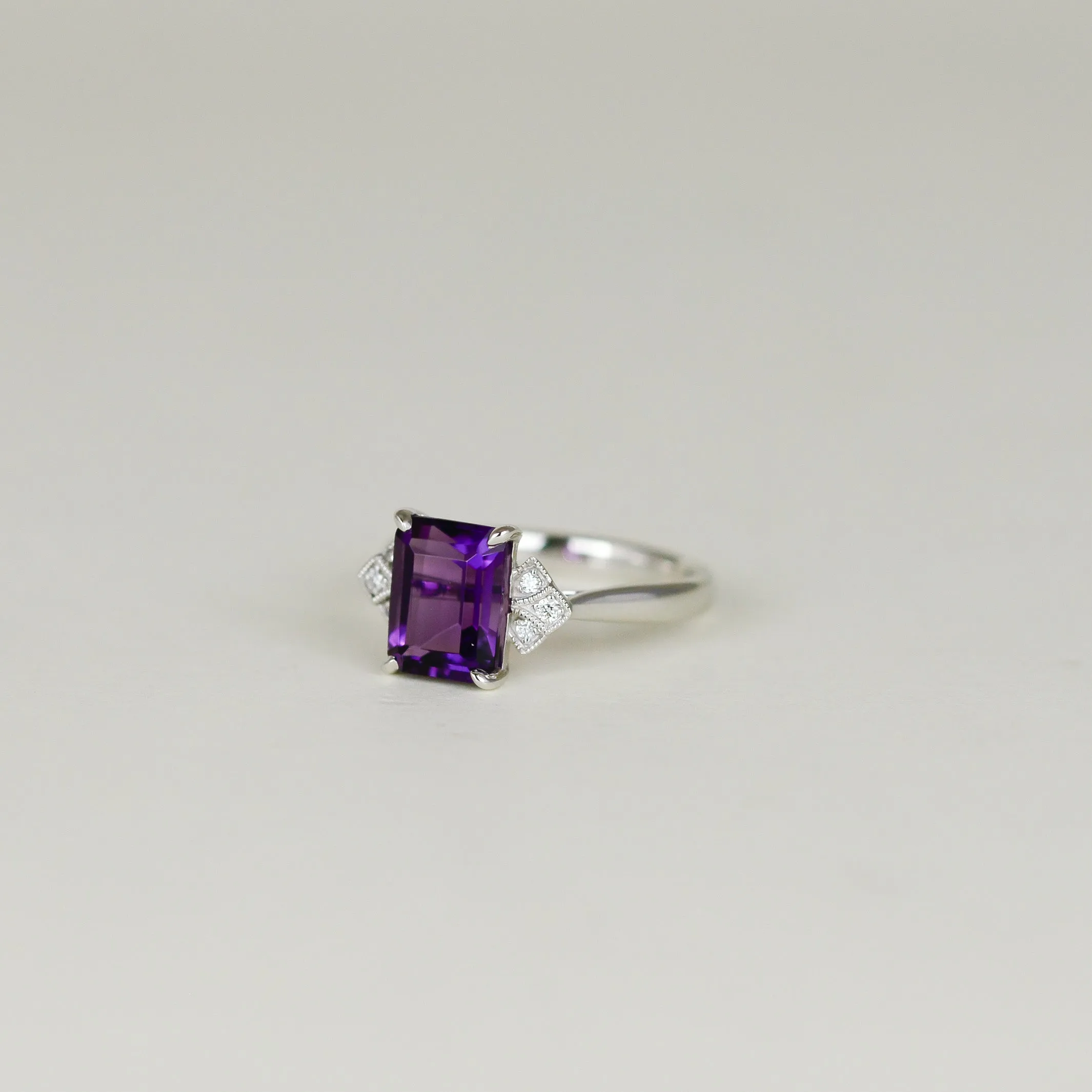 9ct White Gold 2.29ct Emerald Cut Amethyst and Diamond Dress Ring