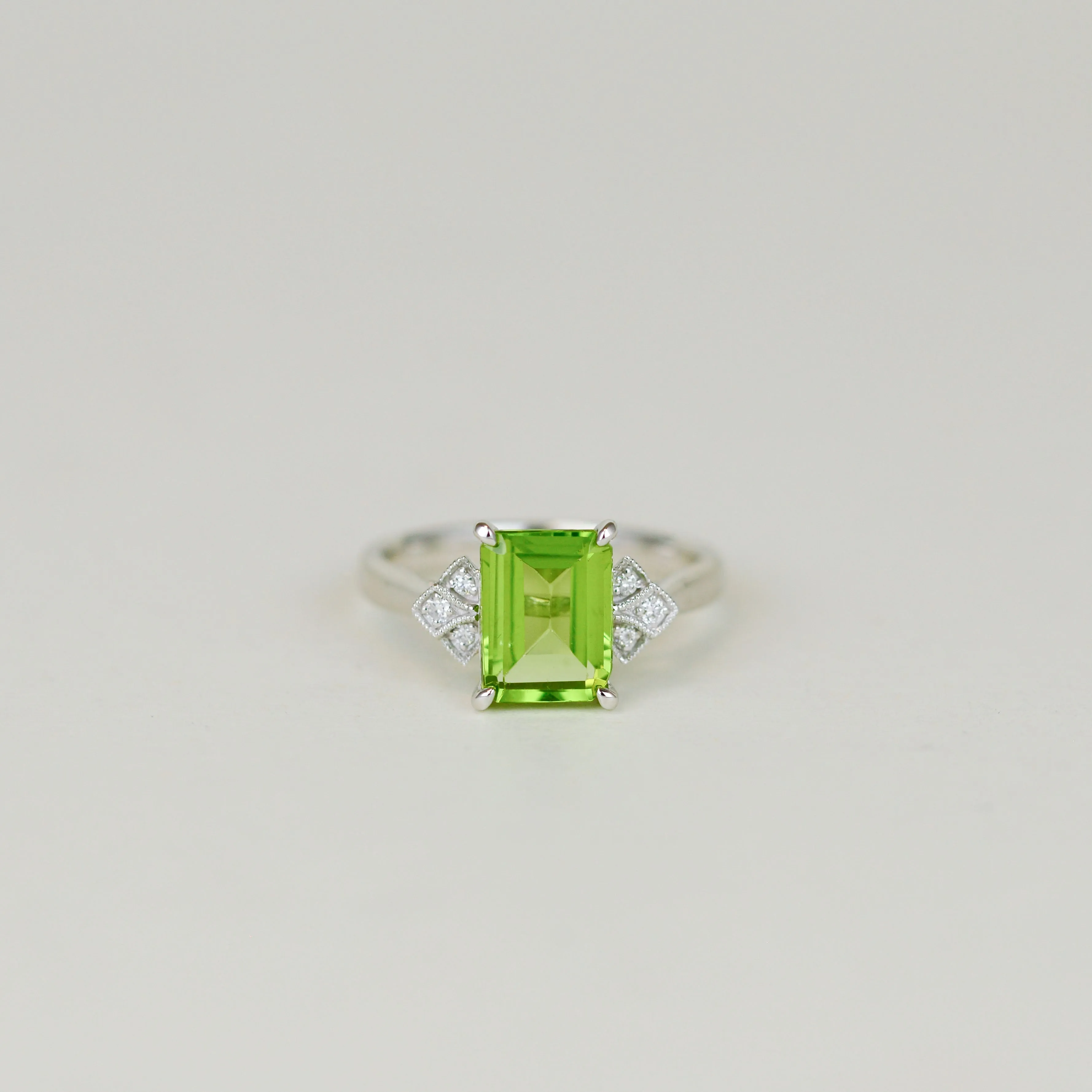 9ct White Gold 2.35ct Emerald Cut Peridot and Diamond Dress Ring