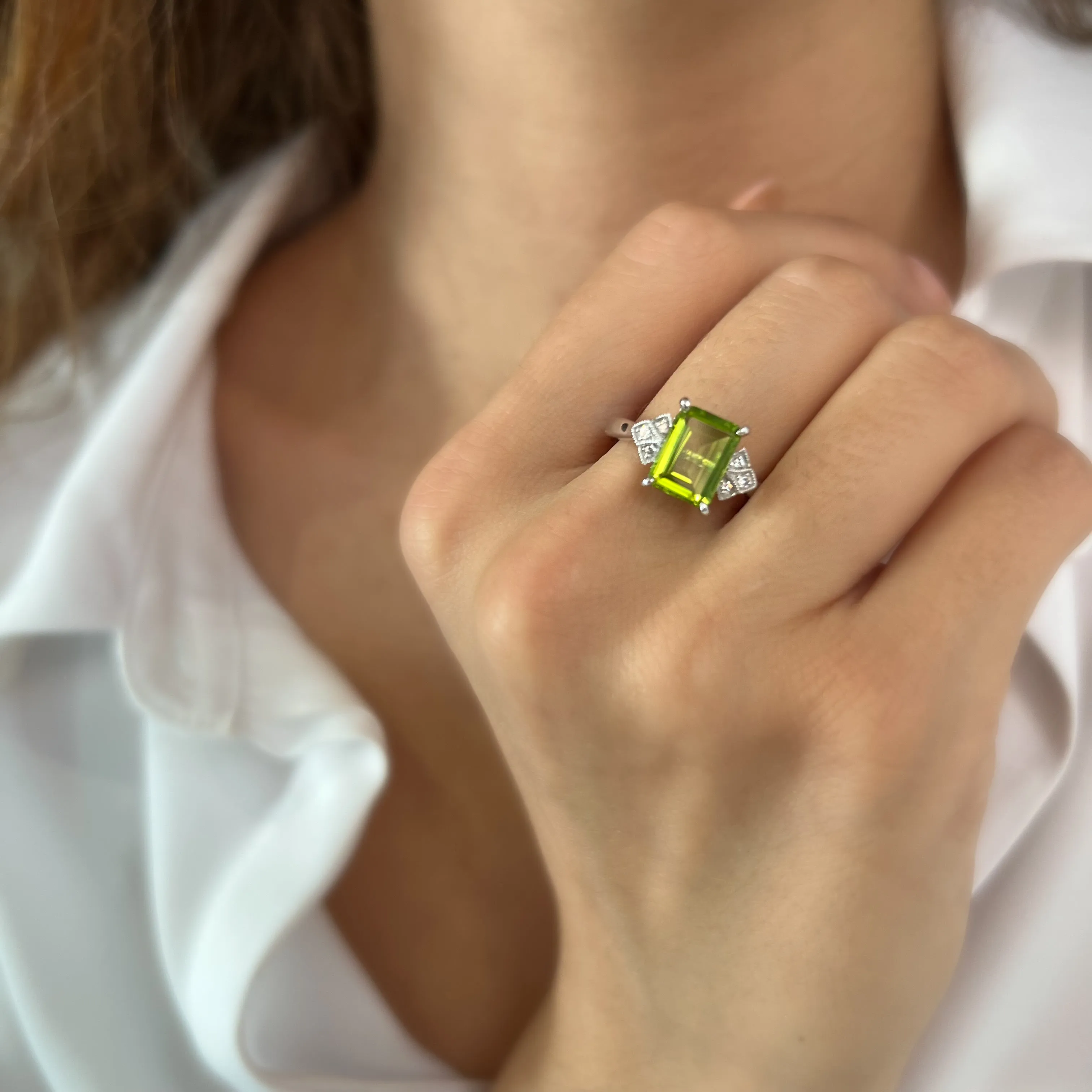 9ct White Gold 2.35ct Emerald Cut Peridot and Diamond Dress Ring
