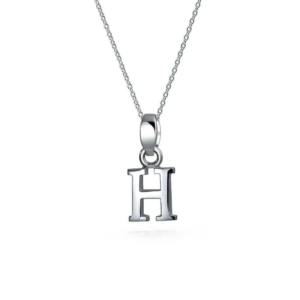 ABC Block Letter Initial Pendant Necklace in Sterling Silver A-Z Alphabet