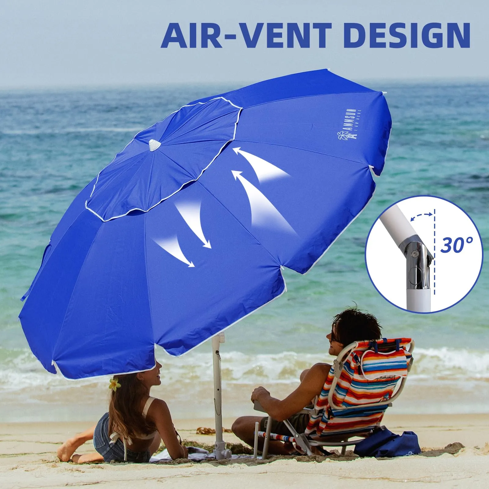 AMMSUN 8 Feet Large Beach Umbrella with Sand Anchor Heavy Duty High Wind Portable Outdoor Umbrellas UV 50 