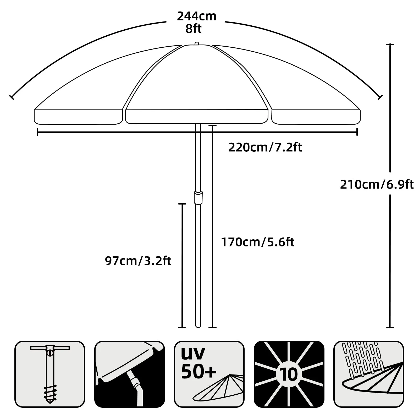AMMSUN 8 Feet Large Beach Umbrella with Sand Anchor Heavy Duty High Wind Portable Outdoor Umbrellas UV 50 