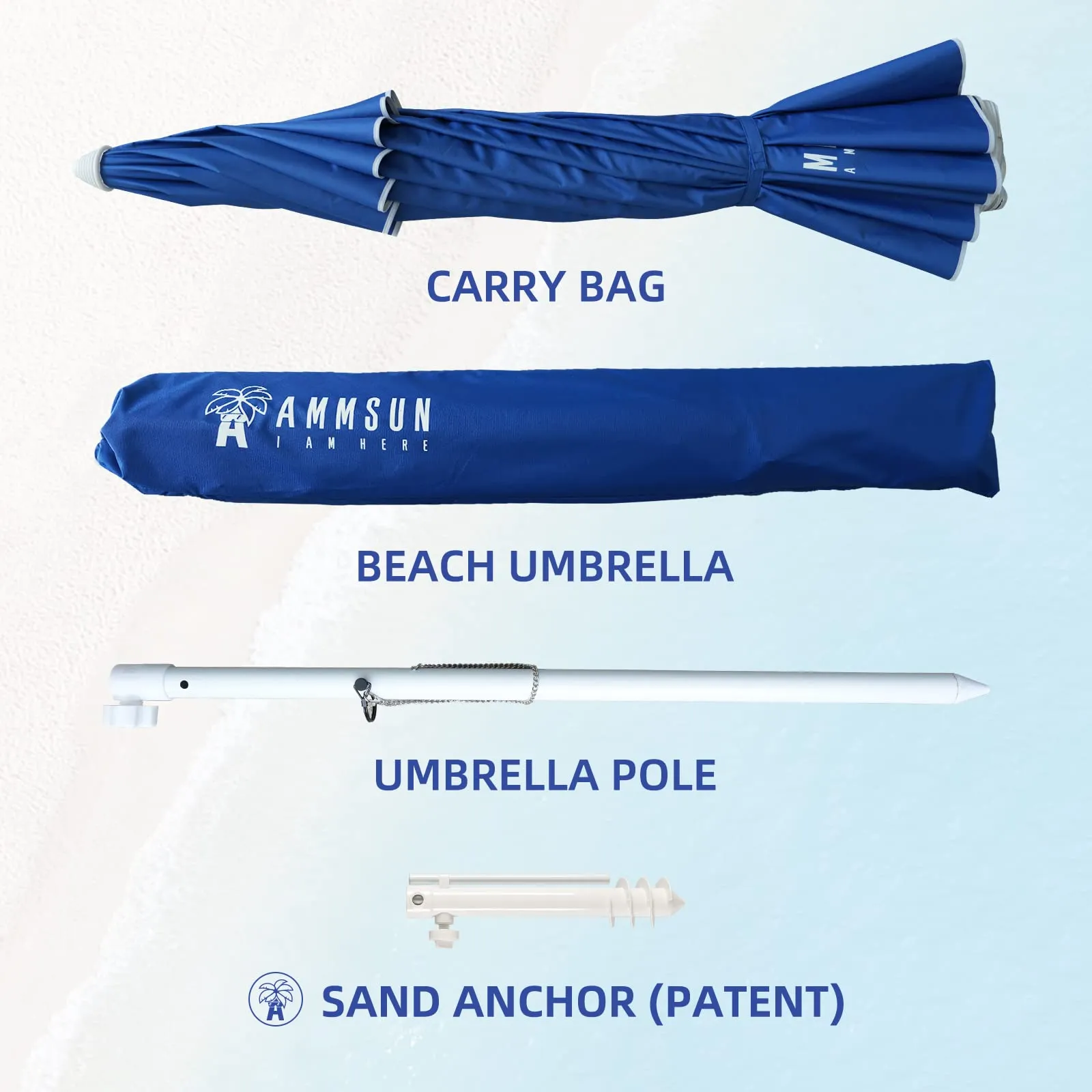 AMMSUN 8 Feet Large Beach Umbrella with Sand Anchor Heavy Duty High Wind Portable Outdoor Umbrellas UV 50 