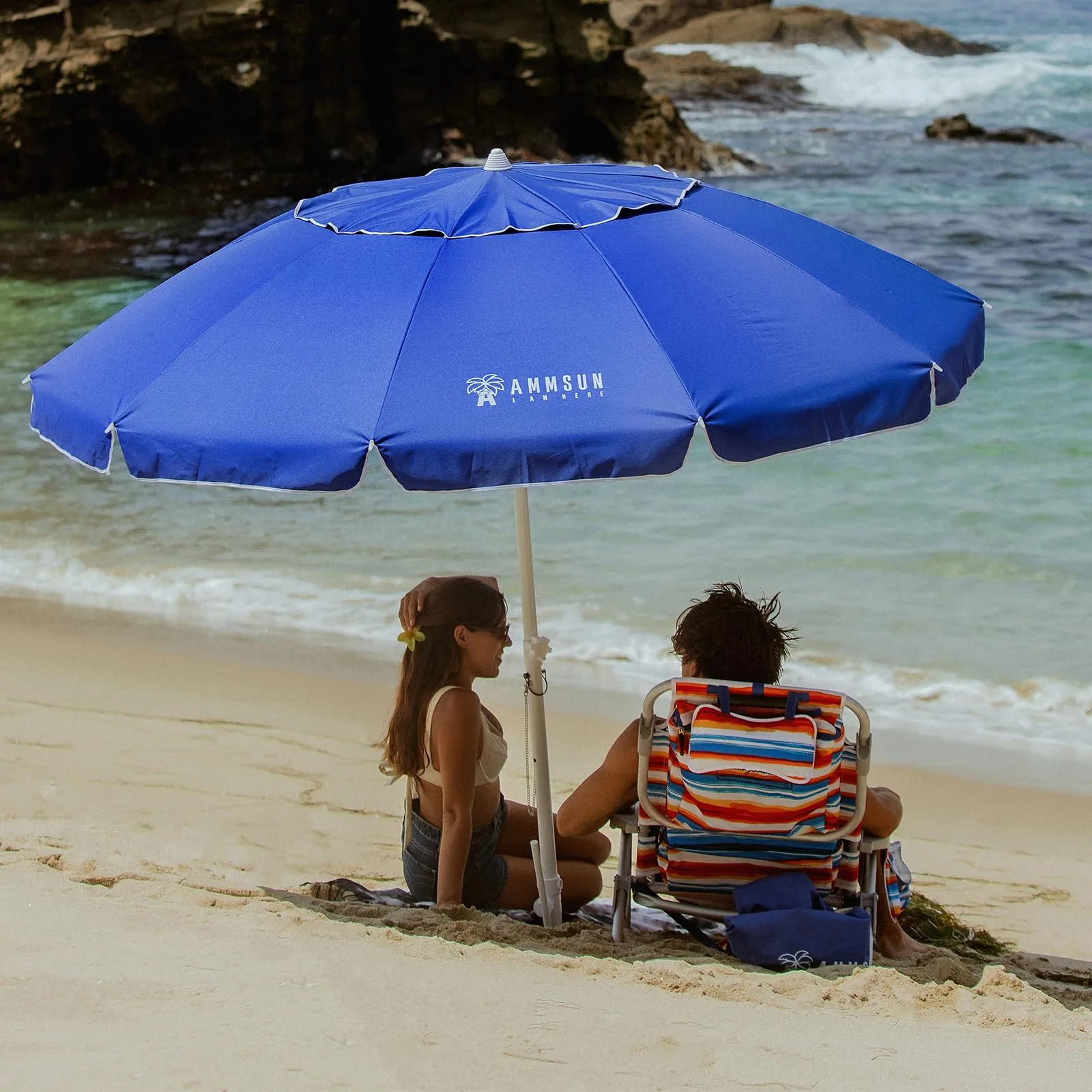 AMMSUN 8 Feet Large Beach Umbrella with Sand Anchor Heavy Duty High Wind Portable Outdoor Umbrellas UV 50 