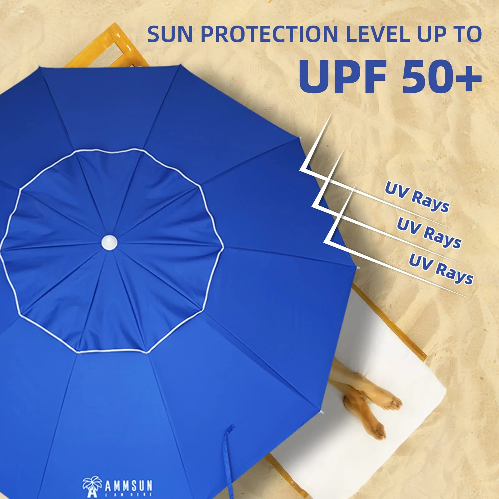 AMMSUN 8 Feet Large Beach Umbrella with Sand Anchor Heavy Duty High Wind Portable Outdoor Umbrellas UV 50 