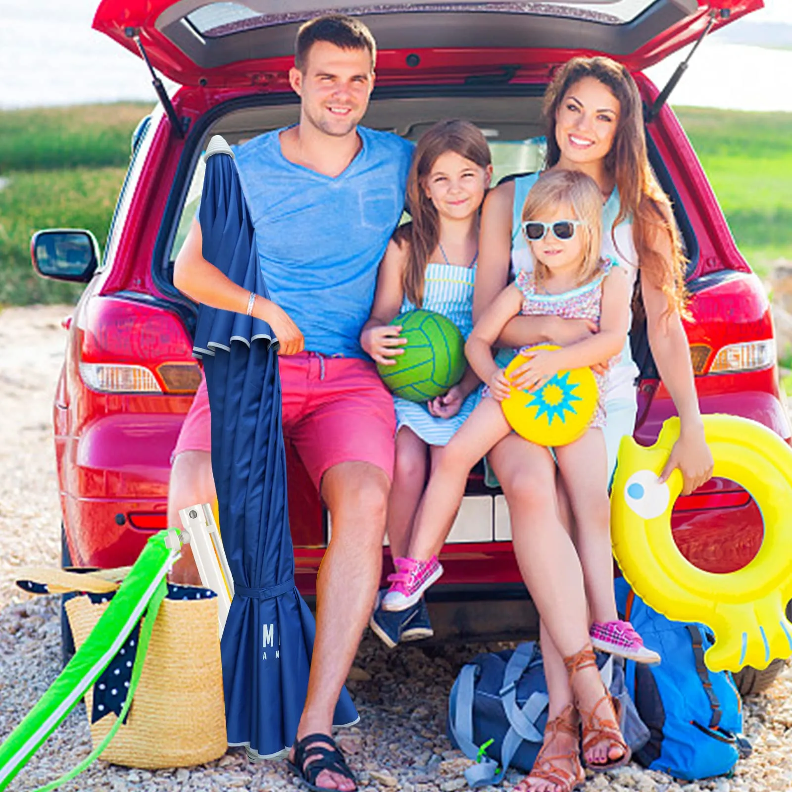 AMMSUN 8 Feet Large Beach Umbrella with Sand Anchor Heavy Duty High Wind Portable Outdoor Umbrellas UV 50 
