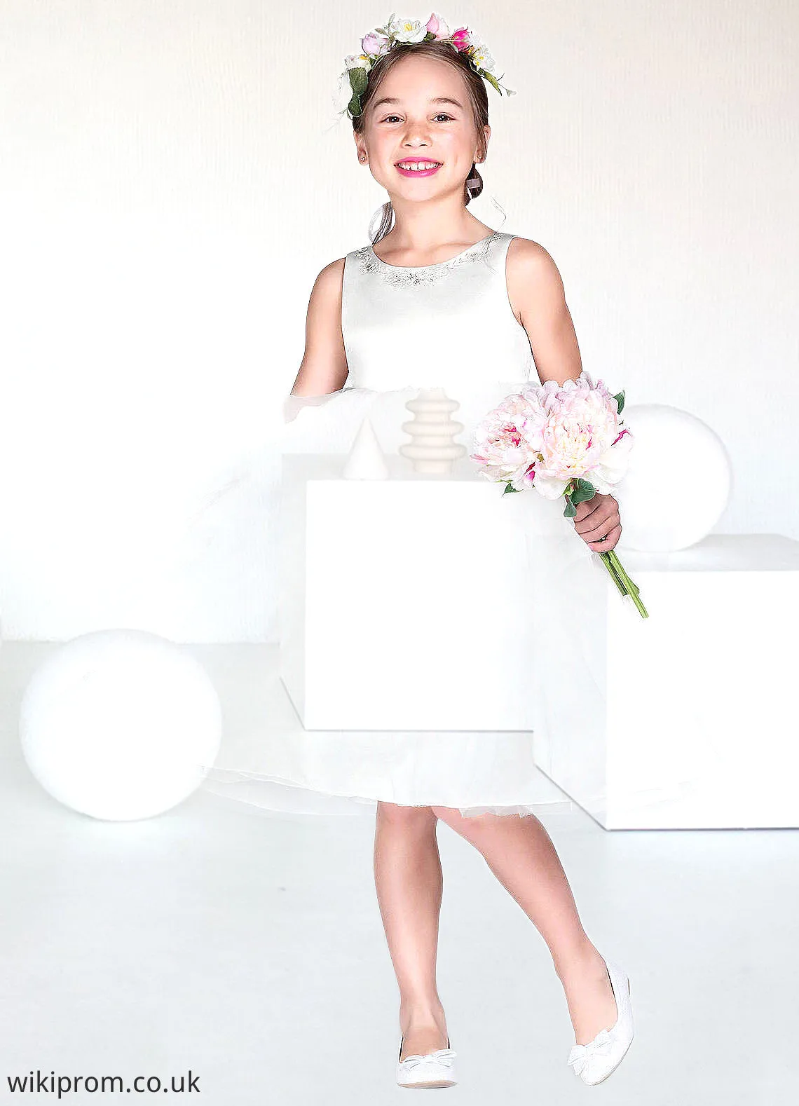 Anabelle Ball-Gown Embroidered Tulle Knee-Length Dress Diamond White SWKP0022808