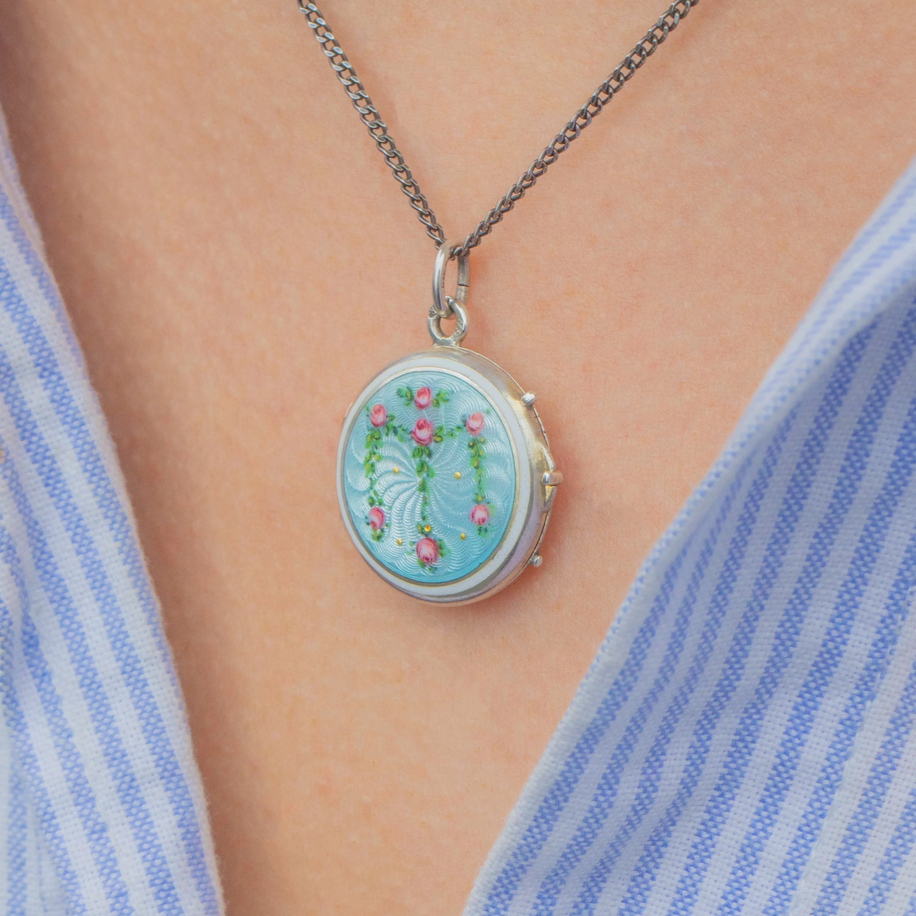 Antique Guilloche Enamel Locket with Rose Garland