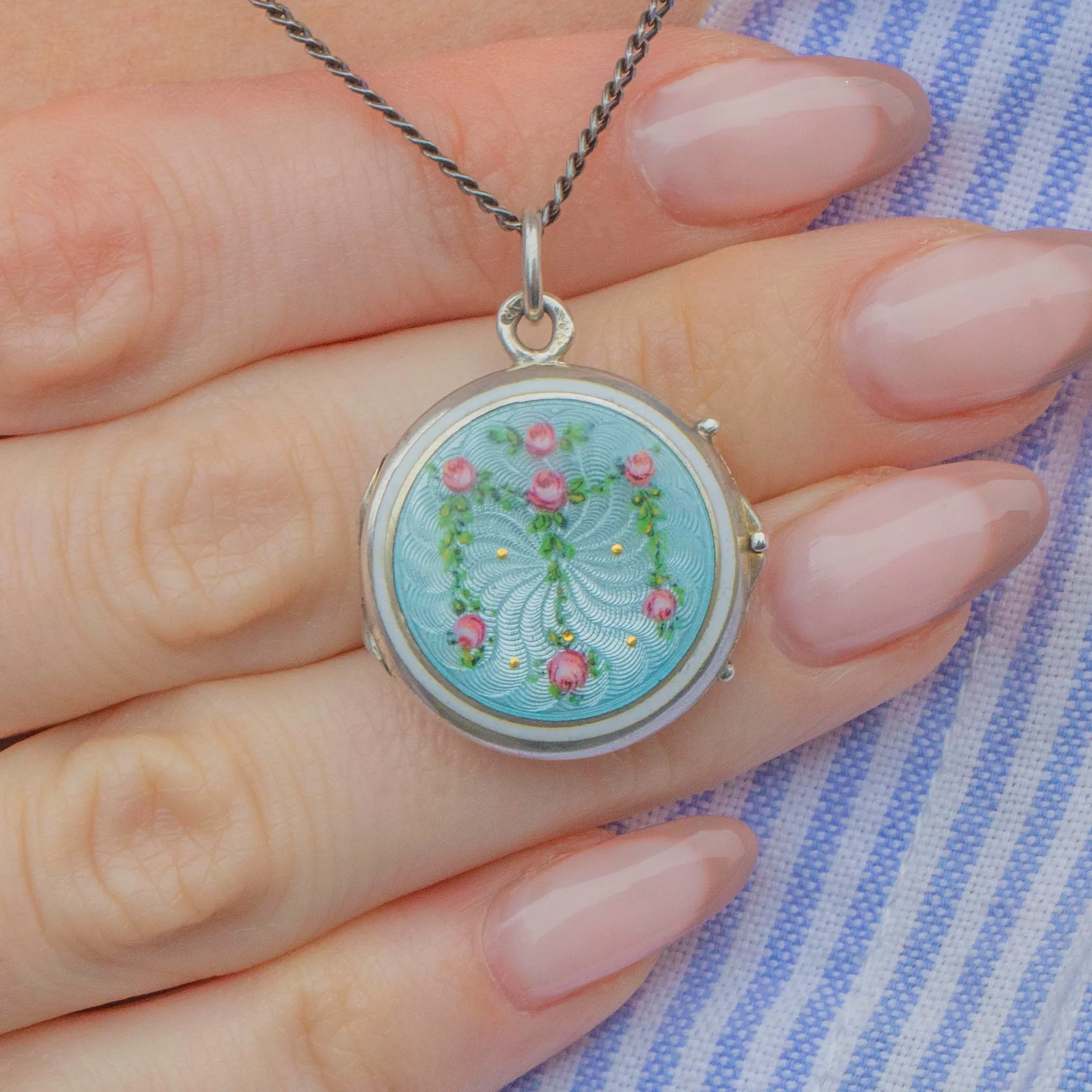 Antique Guilloche Enamel Locket with Rose Garland