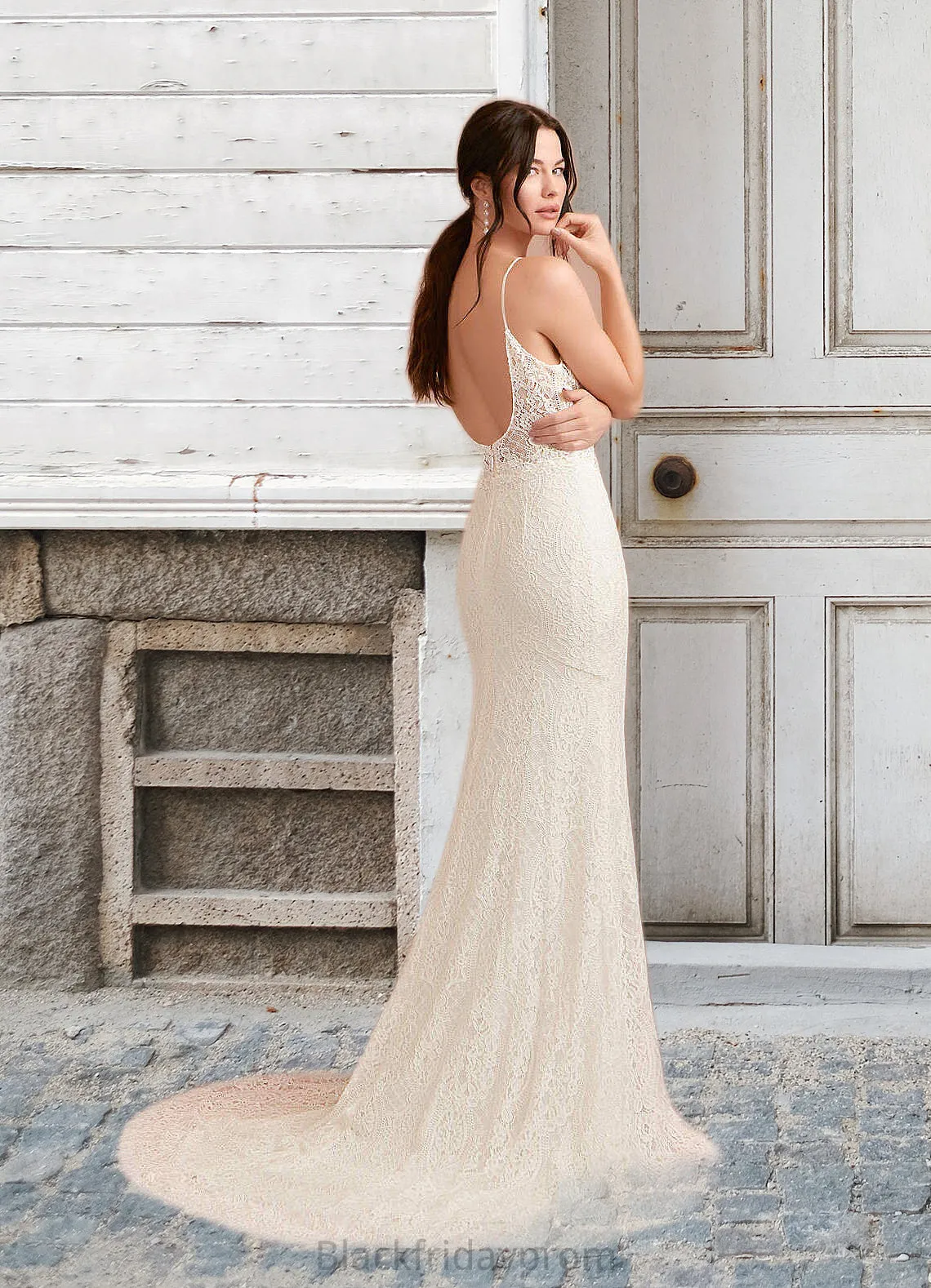 Aracely Mermaid Lace Chapel Train Dress Diamond White/Champagne BF2P0022761