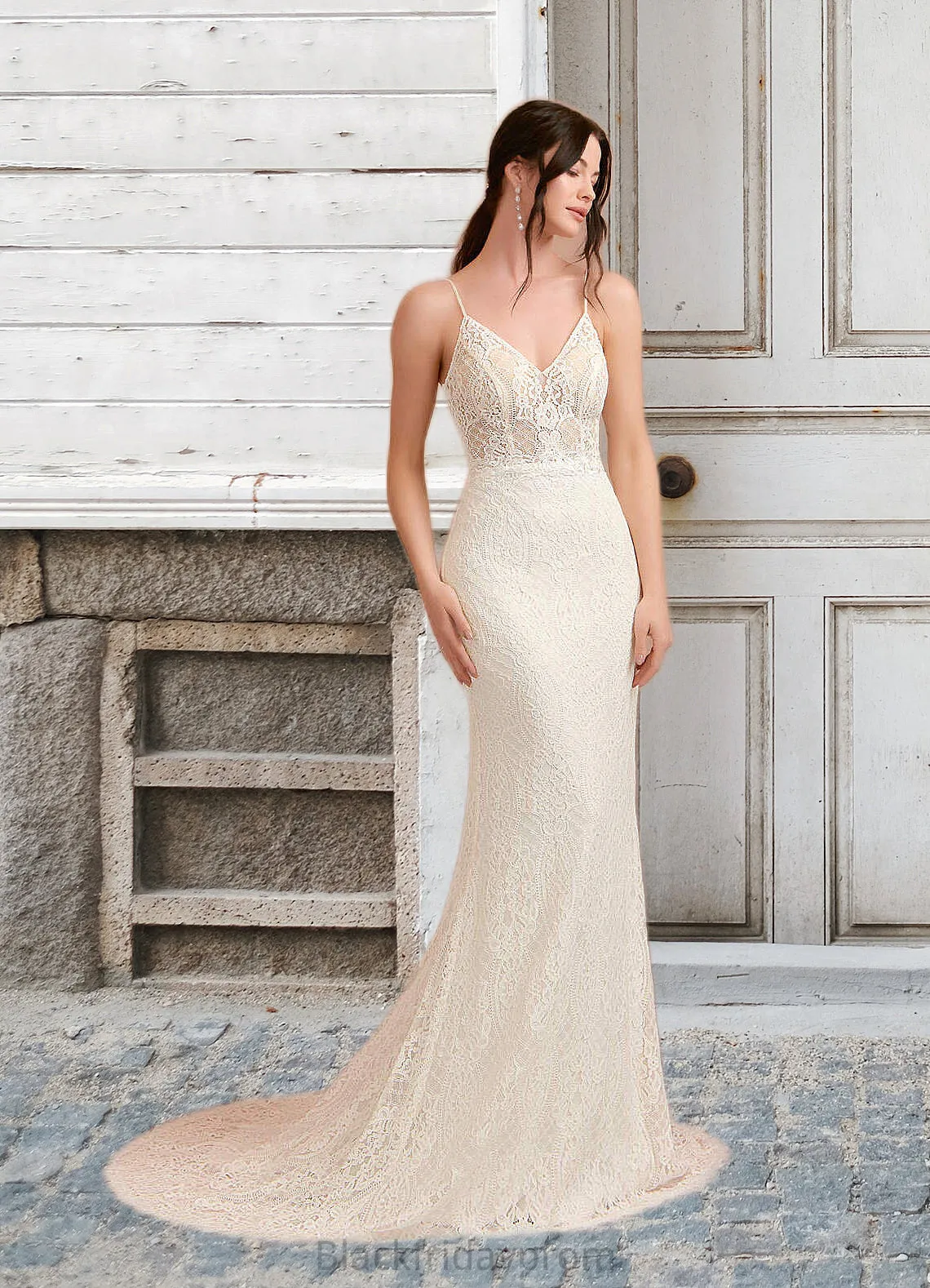 Aracely Mermaid Lace Chapel Train Dress Diamond White/Champagne BF2P0022761