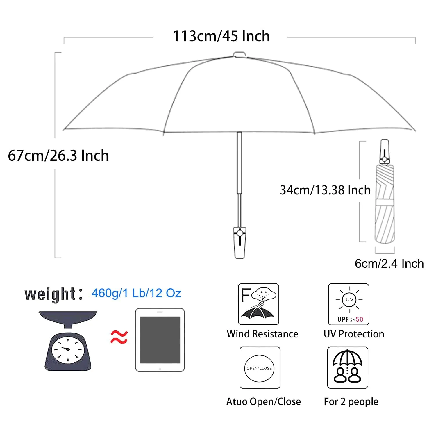 BAODINI Inverted UV Protection Umbrella for Rain and Sun Medium Size 46 inch arc Canopy UPF 50  Rverse Compact Umbrella Auto Open Close for Travel