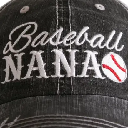 Baseball Nana Embroidered Black Distressed Trucker Hat