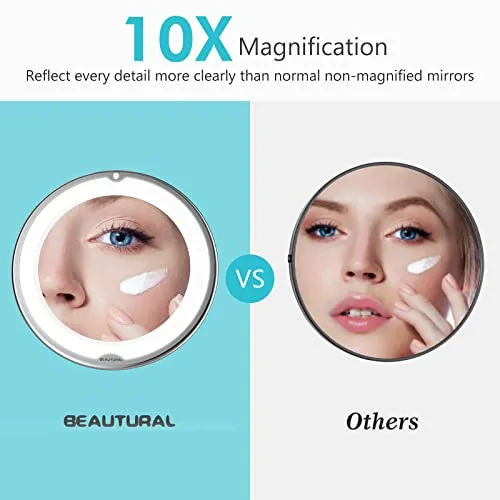 BEAUTURAL Updated 10x Magnifying Makeup Mirror with Powerful Locking Suction Cup, Lighted Vanity Mirror Bathroom Mirror with LED Lights, Portable Wall Mounted Mirror for Home, Travel