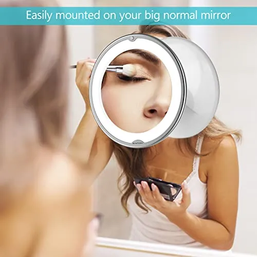 BEAUTURAL Updated 10x Magnifying Makeup Mirror with Powerful Locking Suction Cup, Lighted Vanity Mirror Bathroom Mirror with LED Lights, Portable Wall Mounted Mirror for Home, Travel