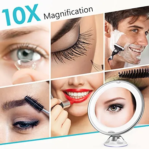 BEAUTURAL Updated 10x Magnifying Makeup Mirror with Powerful Locking Suction Cup, Lighted Vanity Mirror Bathroom Mirror with LED Lights, Portable Wall Mounted Mirror for Home, Travel