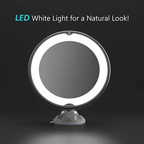 BEAUTURAL Updated 10x Magnifying Makeup Mirror with Powerful Locking Suction Cup, Lighted Vanity Mirror Bathroom Mirror with LED Lights, Portable Wall Mounted Mirror for Home, Travel