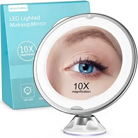 BEAUTURAL Updated 10x Magnifying Makeup Mirror with Powerful Locking Suction Cup, Lighted Vanity Mirror Bathroom Mirror with LED Lights, Portable Wall Mounted Mirror for Home, Travel