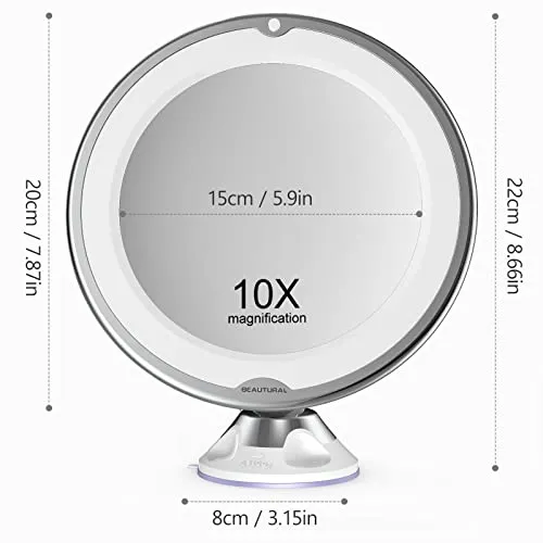 BEAUTURAL Updated 10x Magnifying Makeup Mirror with Powerful Locking Suction Cup, Lighted Vanity Mirror Bathroom Mirror with LED Lights, Portable Wall Mounted Mirror for Home, Travel