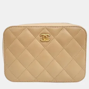 Beige Lambskin Leather Mini Pearl Crush Camera Bag