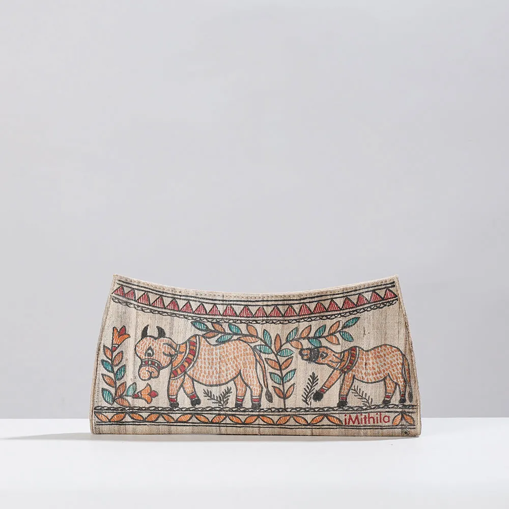 Beige - Madhubani Handpainted Tussar Silk Clutch