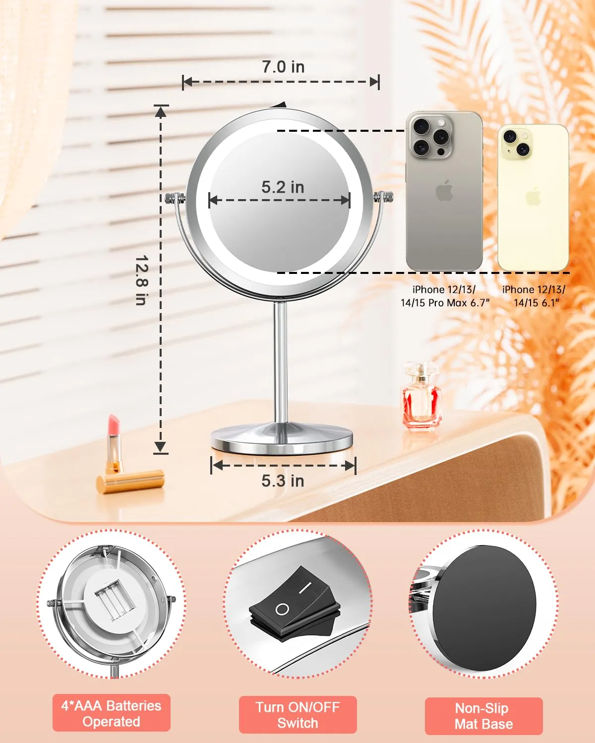 Benbilry Lighted Makeup Mirror with Magnification, 1X/10X Magnifying Makeup Mirror, LED Vanity Mirror with Lights, Battery Operated, 7 Inch Swivel Portable Cordless Desk Mirror