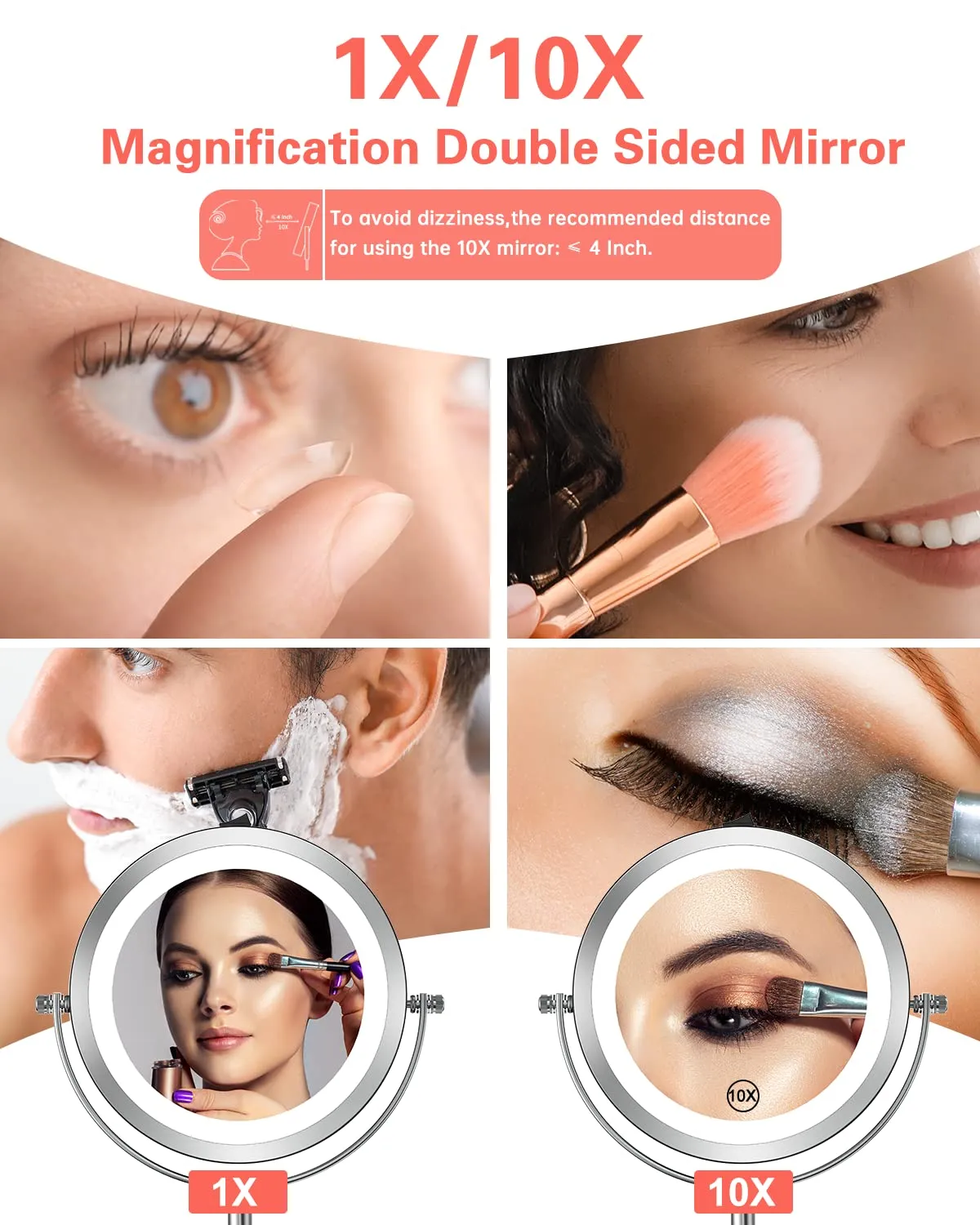 Benbilry Lighted Makeup Mirror with Magnification, 1X/10X Magnifying Makeup Mirror, LED Vanity Mirror with Lights, Battery Operated, 7 Inch Swivel Portable Cordless Desk Mirror