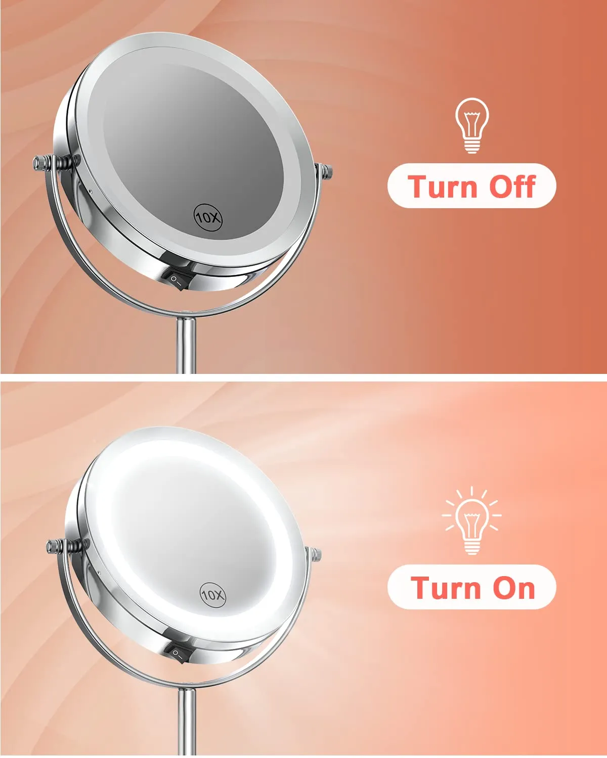 Benbilry Lighted Makeup Mirror with Magnification, 1X/10X Magnifying Makeup Mirror, LED Vanity Mirror with Lights, Battery Operated, 7 Inch Swivel Portable Cordless Desk Mirror
