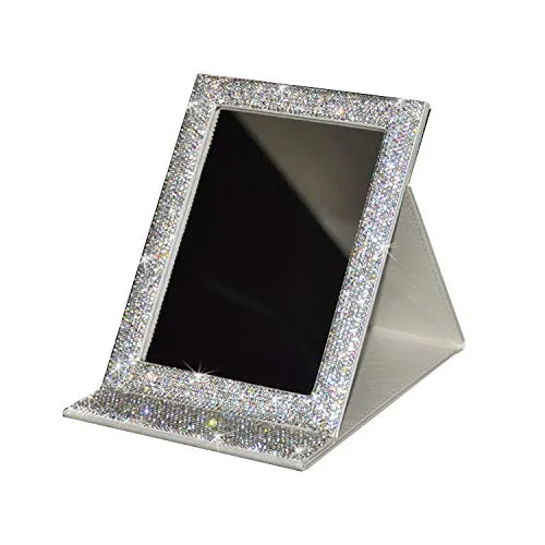 Bestbling Bling Portable Mirror Folding Travel Vanity Mirror with Desktop Standing Makeup Mirror for Cosmetics Beauty (Silver)