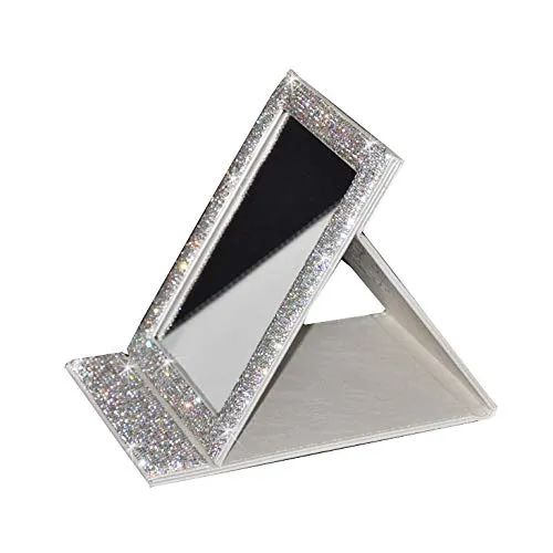 Bestbling Bling Portable Mirror Folding Travel Vanity Mirror with Desktop Standing Makeup Mirror for Cosmetics Beauty (Silver)