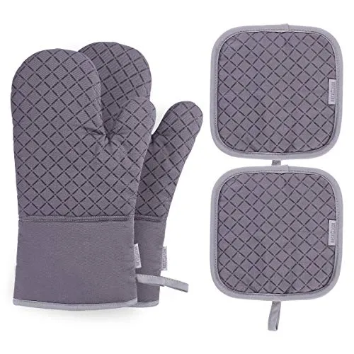 BESTONZON 4PCS Heat Resistant Oven Mitts and Pot Holders, Soft Cotton Lining with Non-Slip Surface for Safe BBQ Cooking Baking Grilling